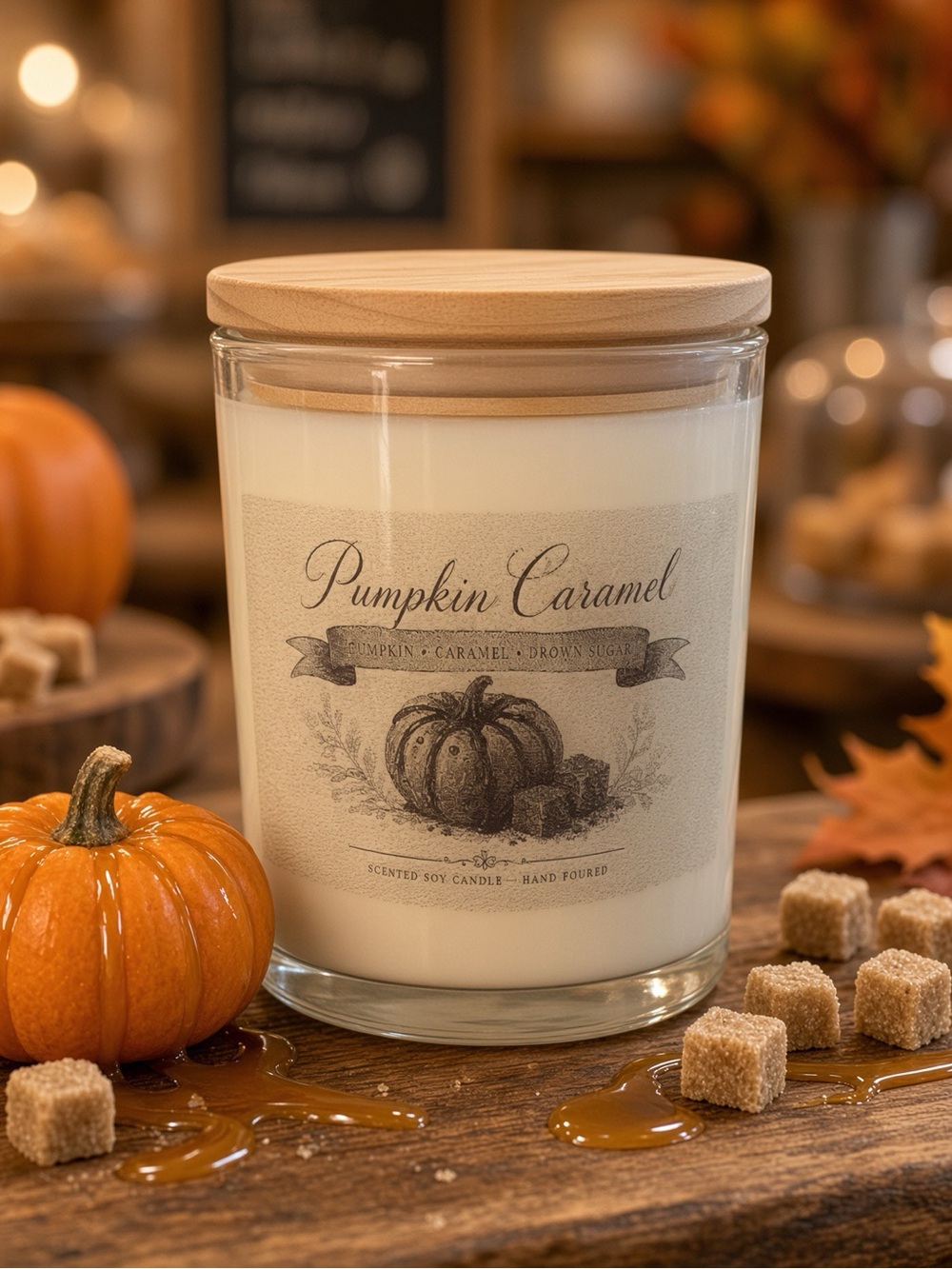 9oz Pumpkin Caramel Soy Candle Wood Lid Handmade